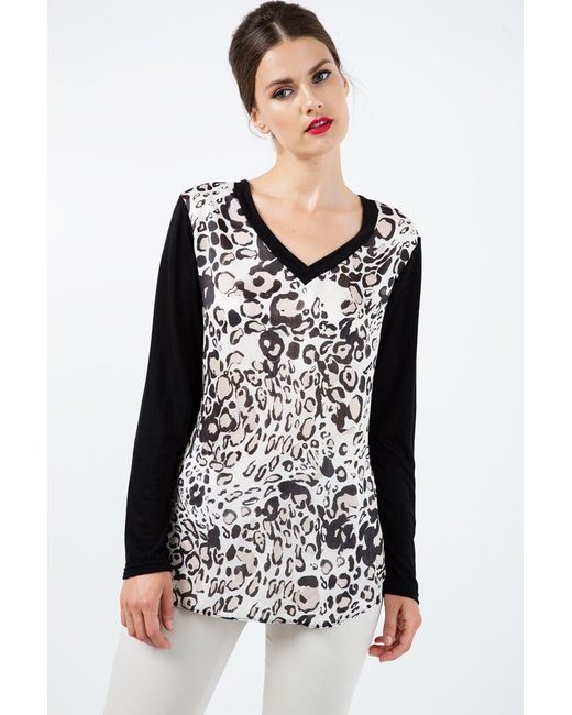 Conquista Black Long Sleeve Print Top With Trim Detail
