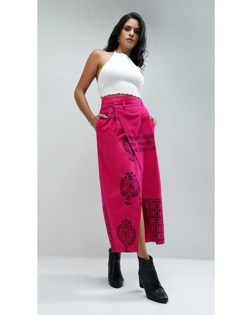 Nesavaali Pink Wrap Over Printed Maxi Skirt