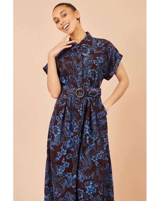 Yumi' Blue Paisley Midi Shirt Dress