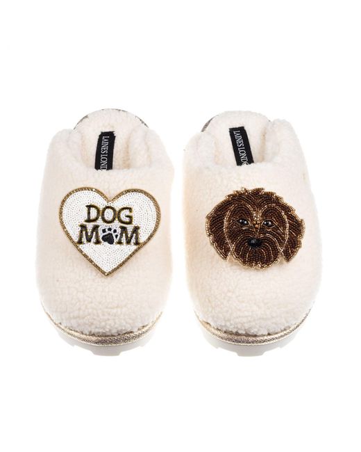 Laines London White Neutrals Teddy Closed Toe Slippers With Dog Mum Mom & Chocolate Cockapoo Brooches