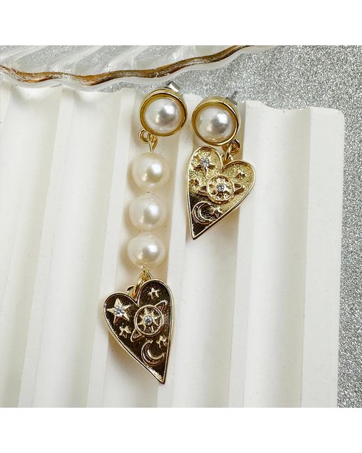 Farra Metallic Heart Dangle Freshwater Pearls Asymmetric Earrings