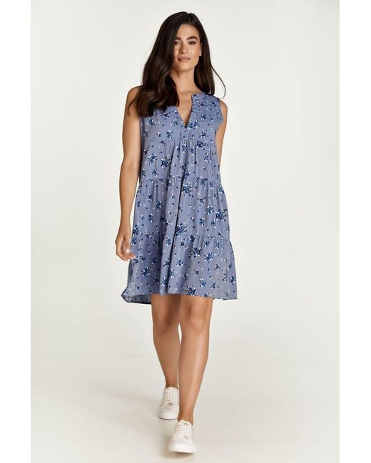 Conquista Blue Sleeveless Floral A Line Dress