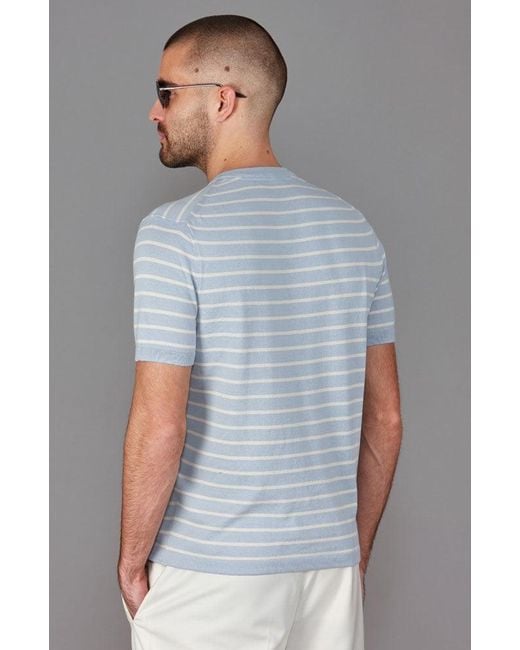 Paul James Knitwear Blue Mens Ultra-fine Cotton Javier Knitted Pin Stripe T-shirt for men