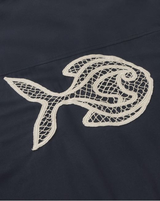 Thinking Mu Blue Fish Kurtis Oversize Hand-Embroidered Shirt for men