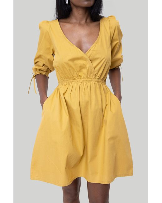 REISTOR Yellow Gathered Elbow Sleeve Short Cotton Dress