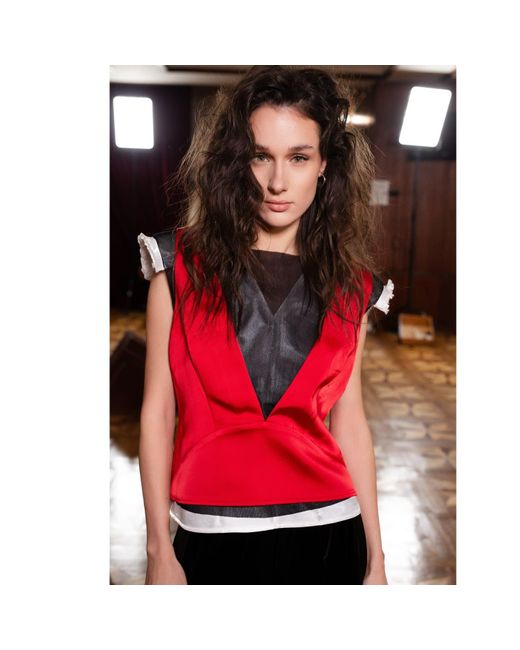 Julia Allert Red Satin Blouse With Mesh And Shoulder Pads