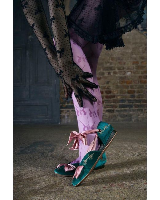 Natalia Petruch Clotilde Velvet Embroidered Flats With Silk Bow & Straps