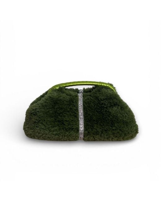 Springmoonatelier Green Handmade Plush Clutch Bag With Crystal Accent – Limited Edition Winter Luxury
