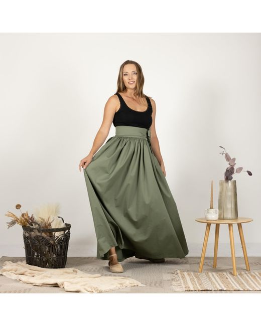 Nikka Place Green High Waist Cotton Gathered Skirt With Front Bow & Pockets
