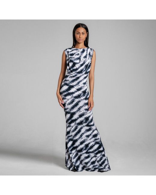 Imaatu Blue Oshun Dress Ink Monochrome Sculpting Elastic Cotton Jersey Waterfall Drape Maxi