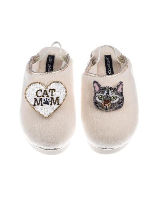 Laines London Multicolor Neutrals Flatform Cloud Slippers With Pebbles Cat & Cat Mum Mom Brooches