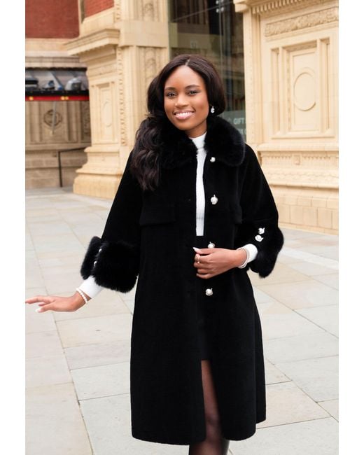 Santinni Black Hayworth Wool & Faux Fur Coat