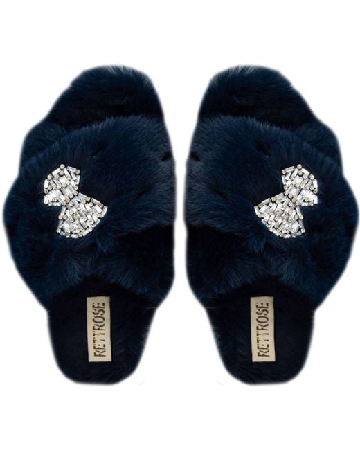 Rettrose Blue Fefe Luxury Plush Diamanté Bow Embellished Handmade Slipper