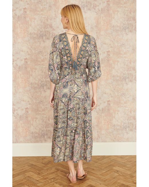 Yumi' Gray Multicolour Paisley Print Midi Kimono Dress With Tie Back