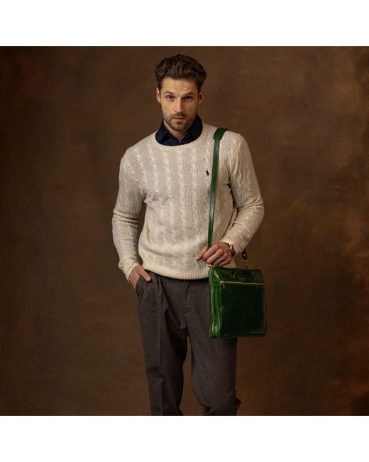 Time Resistance Green Leather Briefcase Laptop Bag for men