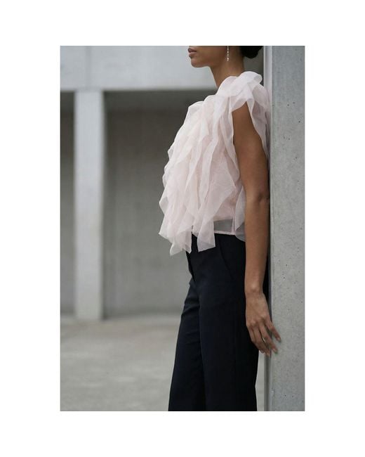 Modenaire Pink Sheer Tulle Blouse With Cascading Ruffles