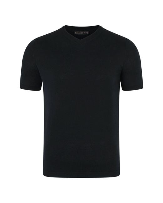 Paul James Knitwear Black Superfine Mercerised Cotton Adriano V Neck Knitted T-Shirt for men