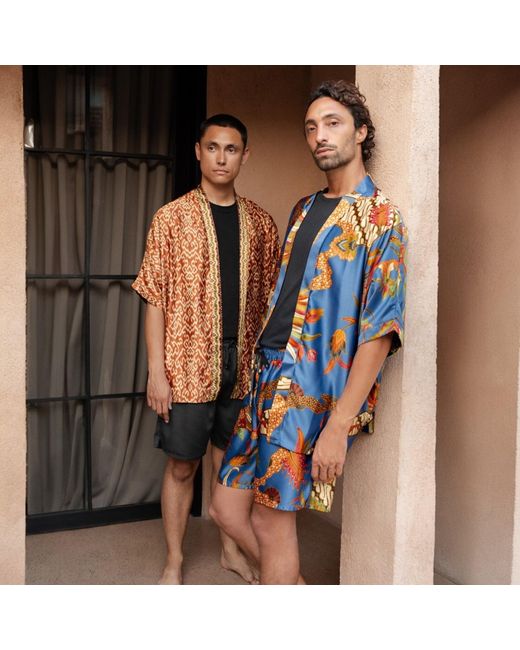 ORIGIN OF HEARTS Blue Simba Resort Satin Kimono Co-Ord Set for men