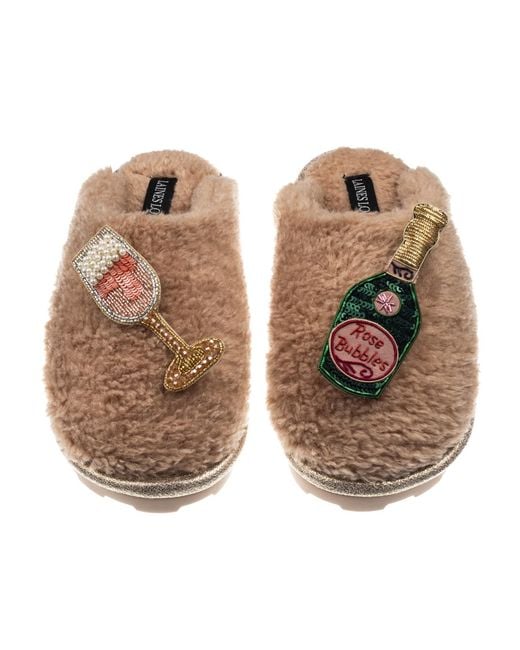 Laines London Brown Neutrals Teddy Closed Toe Slippers With Champagne & Glass Brooches
