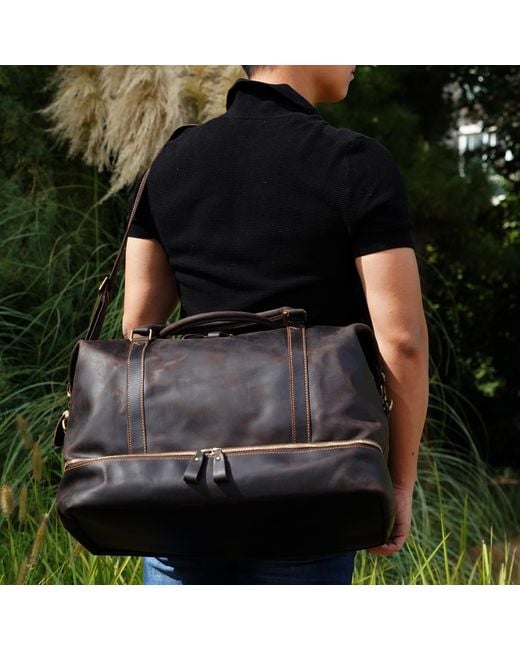 Touri Black Leather Weekend Bag With Suit Compartment for men