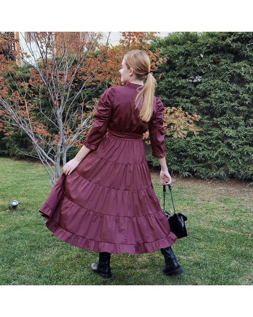 Lalipop Design Purple Cotton Poplin Burgundy Midi Dress