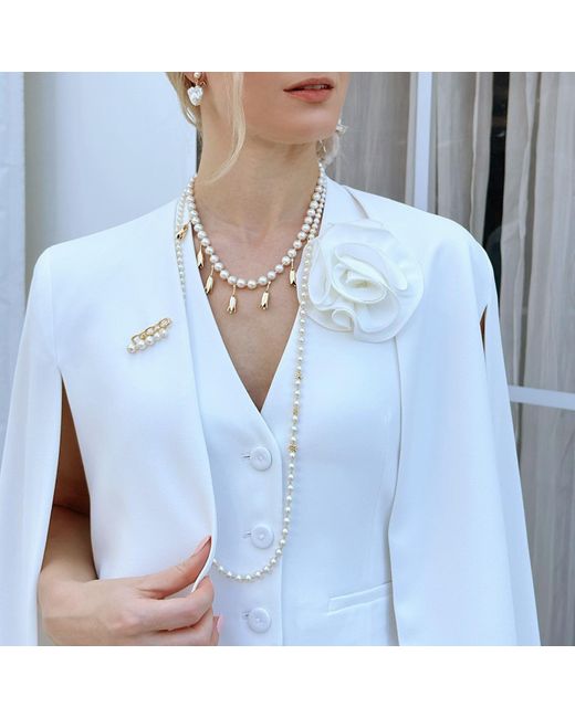 Farra White Freshwater Pearls Flower Metal Charms Statement Necklace