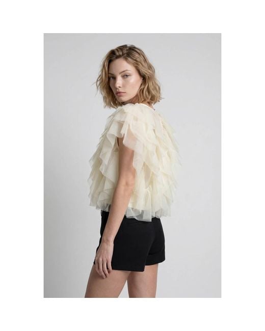 Modenaire Natural Sheer Tulle Blouse Featuring Cascading Ruffles