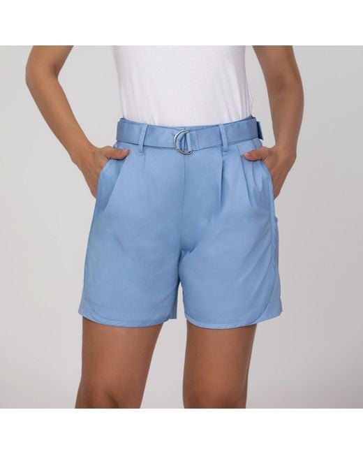 Smart and Joy Blue Neutrals Buckle And Front Pleats Cotton Shorts