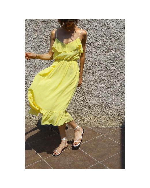 2KStyle Yellow Amalia Ruffle Spaghetti Straps Viscose Midi Dress