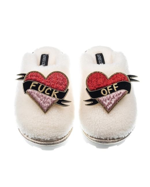 Laines London Metallic Teddy Closed Toe Slippers With Fuck Off Brooches
