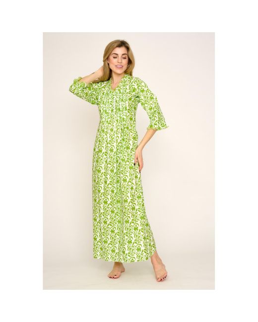 At Last Green Cotton Annabel Maxi Dress In White With Fresh Lime Trellis