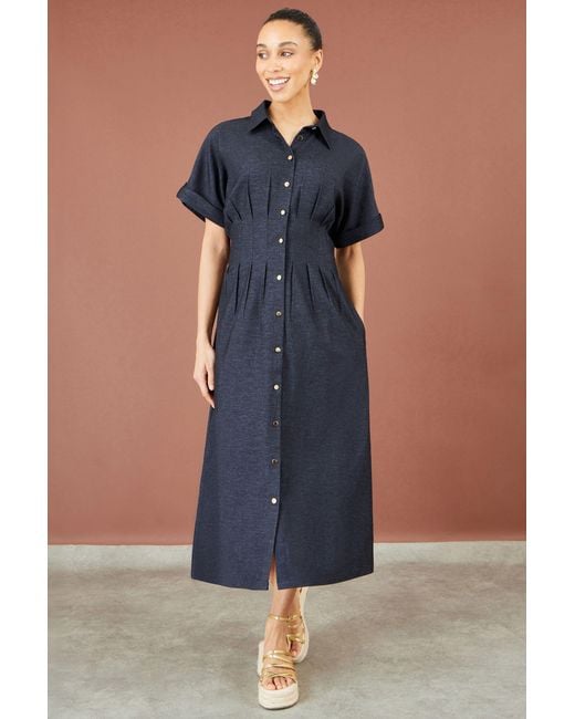 Yumi' Blue Stretch Midi Shirt Dress