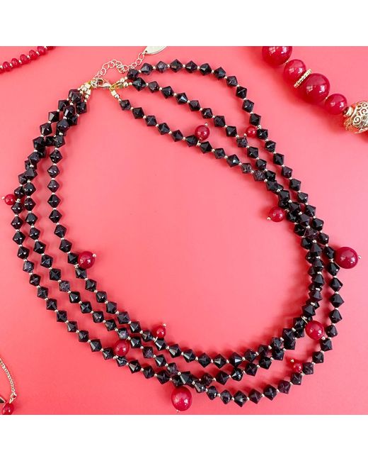 Farra Black Multi-Layers Garnet With Coral Statement Necklace