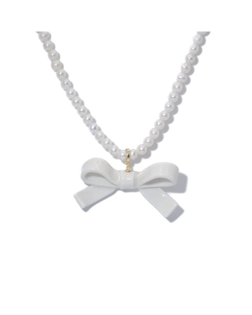 H2 Studio Metallic Bowtie Maniac Medium Ceramic Ribbon Bowtie Round Freshwater Pearl Necklace