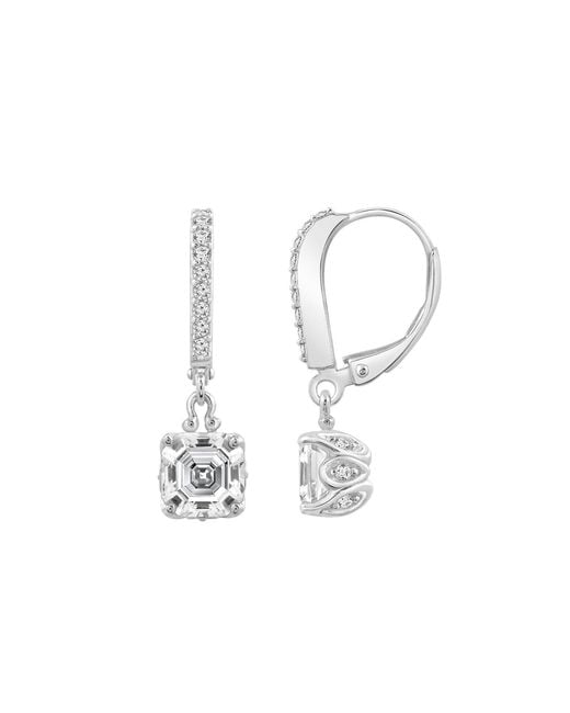 Diamonbliss White Embellished With Swarovski Plated Leverback Asscher Cut Earrings, Three And Half Carats