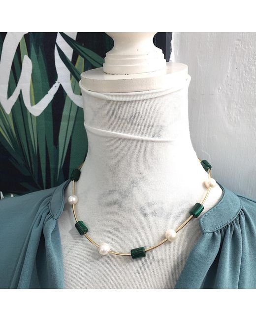 Farra Multicolor Malachite & Round Freshwater Pearl Simple Necklace