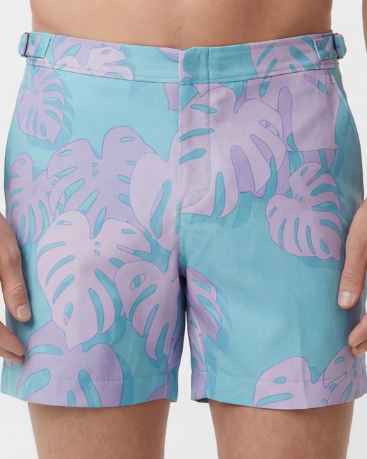 Lords of Harlech Blue Pool Monstera Floral Tailored Swim Short for men