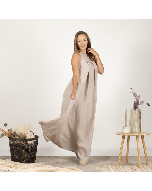 Nikka Place Natural Neutrals Sleeveless Maxi Linen Maternity Dress With Pockets