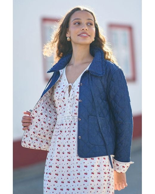 Yumi' Blue Chambray Quilted Jacket With Cherry Lining