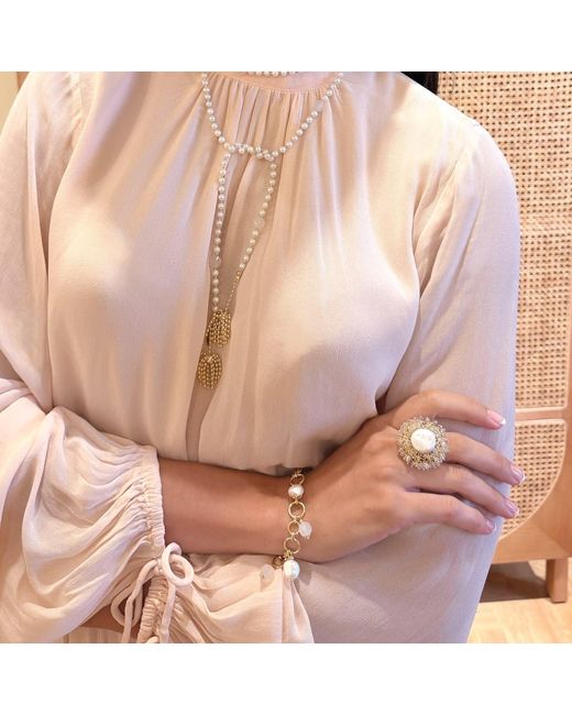 Farra Metallic Romantic Style Floral Freshwater Pearl With Crystal Cocktail Ring