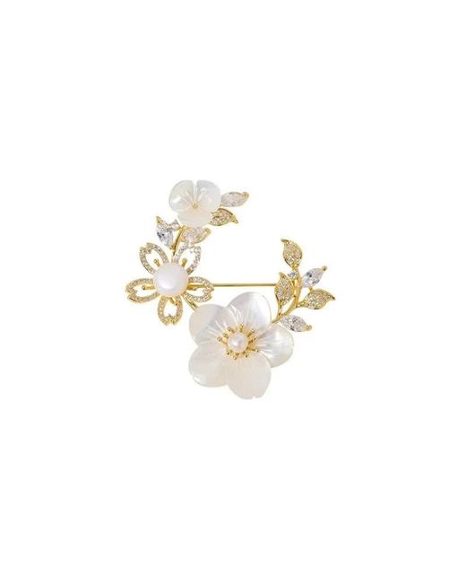 Angel Barocco Metallic Vintage Floral Mother-Of-Pearl Brooch