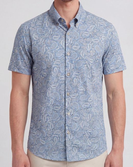Lords of Harlech Blue Neutrals Tim Paisley Pile Natural Printed Button Up Shirt for men