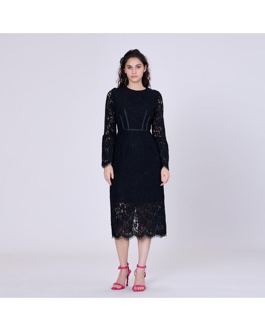 Smart and Joy Black Bustier Lines And Tulip Sleeves Lace Dress