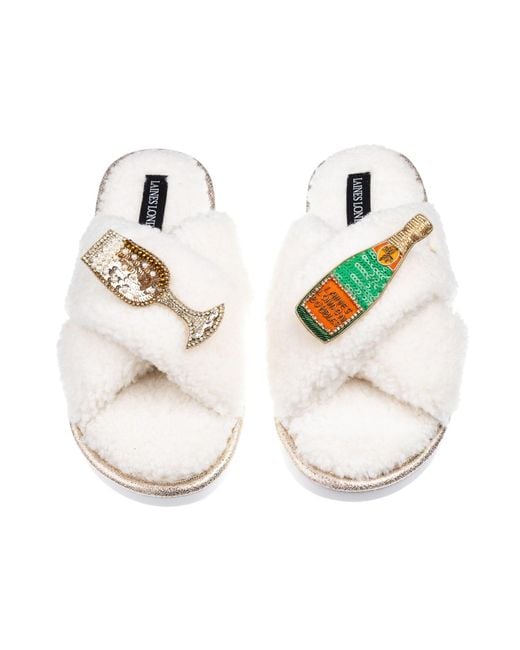 Laines London White Neutrals Laines Neutral Boucle Slippers With Laines Champers Brooches
