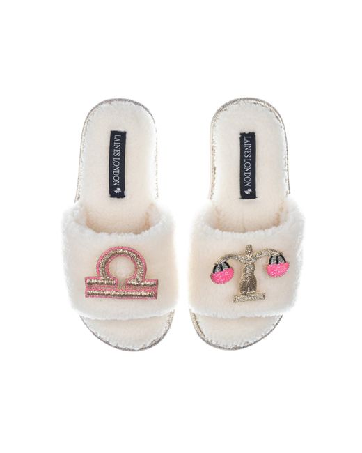 Laines London Pink Teddy Towelling Slipper Sliders With Libra Zodiac Brooches