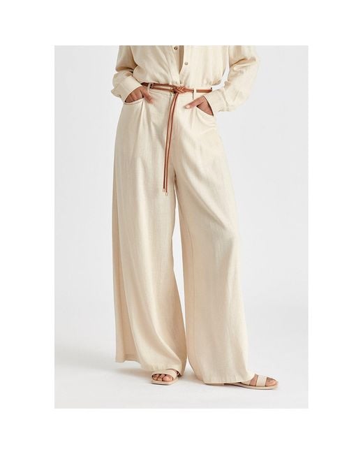 Paisie Natural Neutrals Linen Blend Wide Leg Trousers With Belt