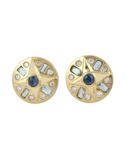 Artisan Metallic Apatite & Baguette Blue Topaz With Blue Sapphire Diamond Stud Earrings In 18k Yellow