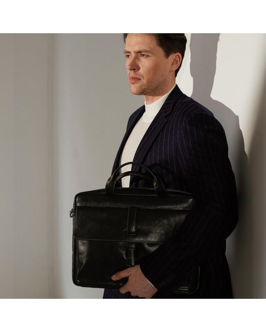 Time Resistance Black Large Leather Briefcase Laptop Bag for men
