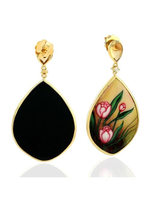 Artisan Multicolor Citrine, Onyx & Diamond Hand-Painted Enamel Drop Earrings