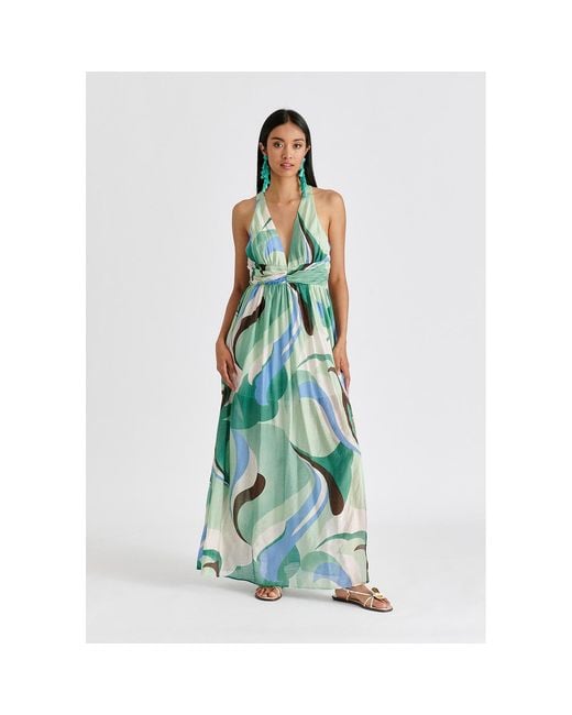 Paisie Green Retro Wave Halter Neck Maxi Dress